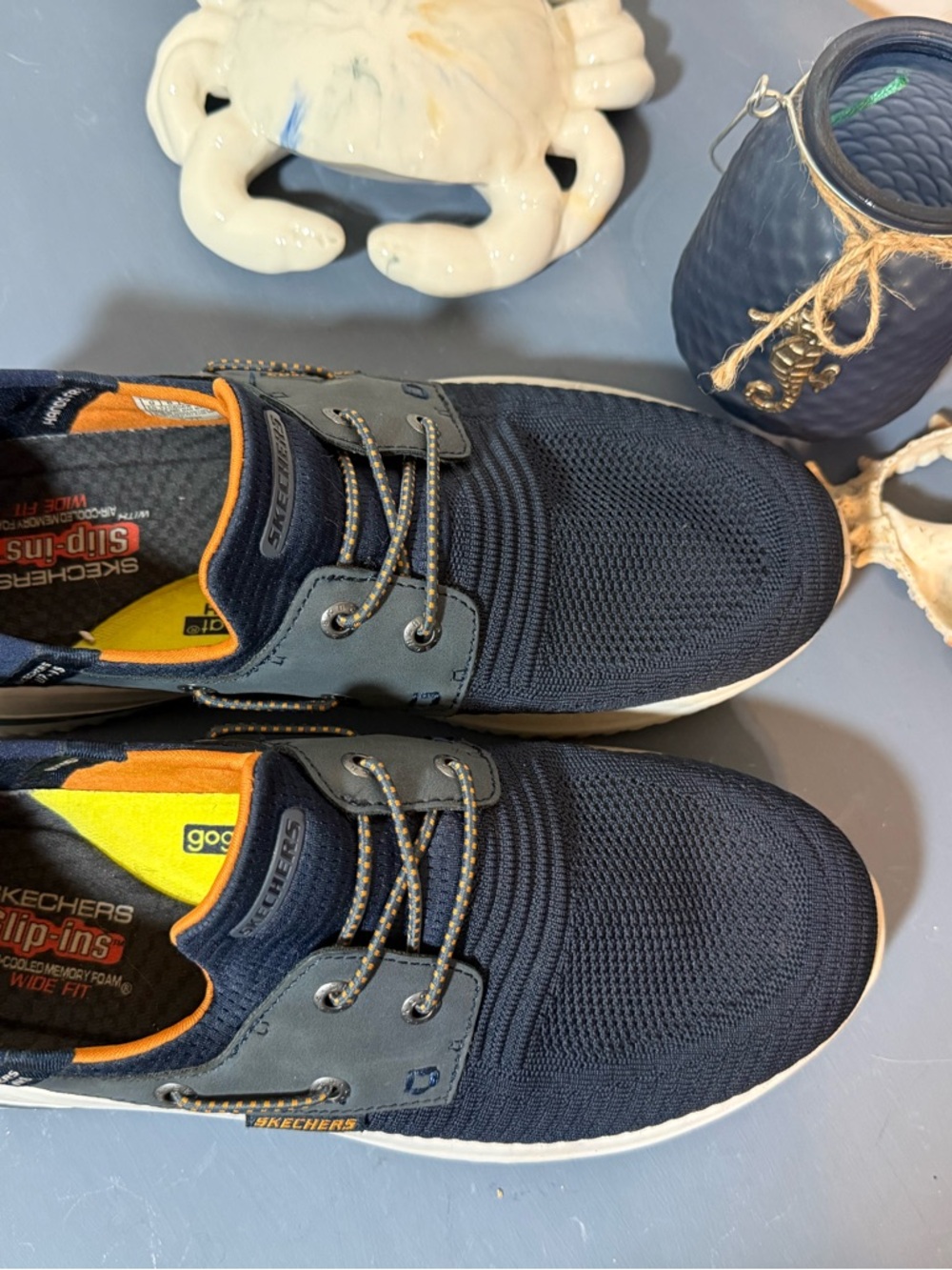 Skechers Men's Navy Knit Slip-On Sneaker with Orange Accent - Picture 3 of 6